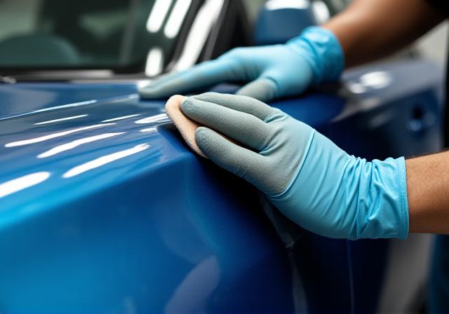 Tecnico che applica un coating ceramico sulla carrozzeria di un'auto